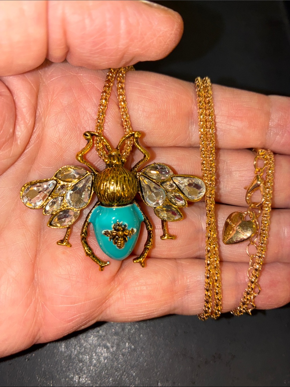 Gold Bee Pendant Necklace with Turquoise Enamel Accent